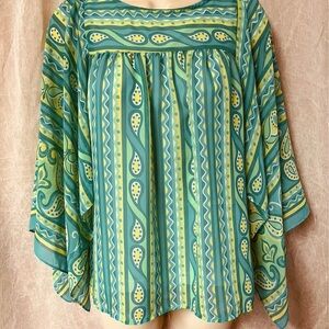 Bob Mackie Teal and Yellow Patterned Blouse